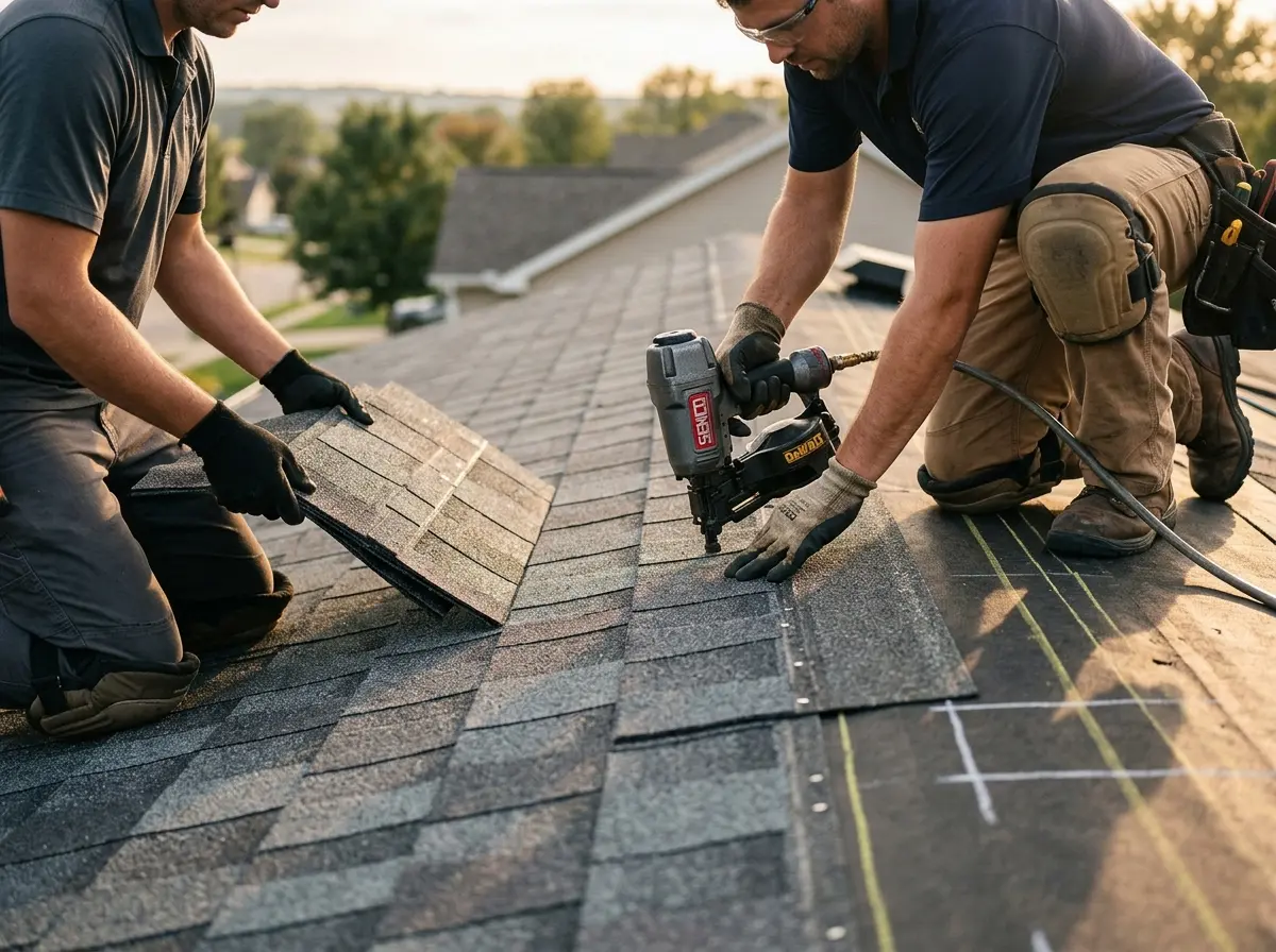 Professional roofer working on a residential roof in Upper Mount Bethel